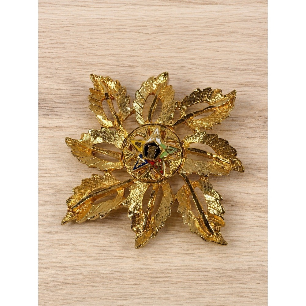 Vintage Order of the Eastern Star Gold Tone Leaf Brooch Pin OES Fraternal Jewel